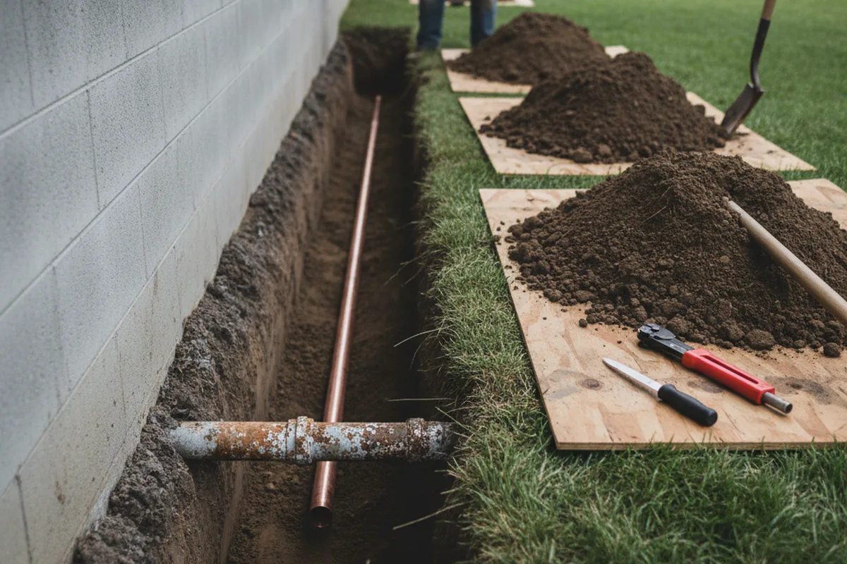Excavated water line trench during Sewer Line Repair in Livingston